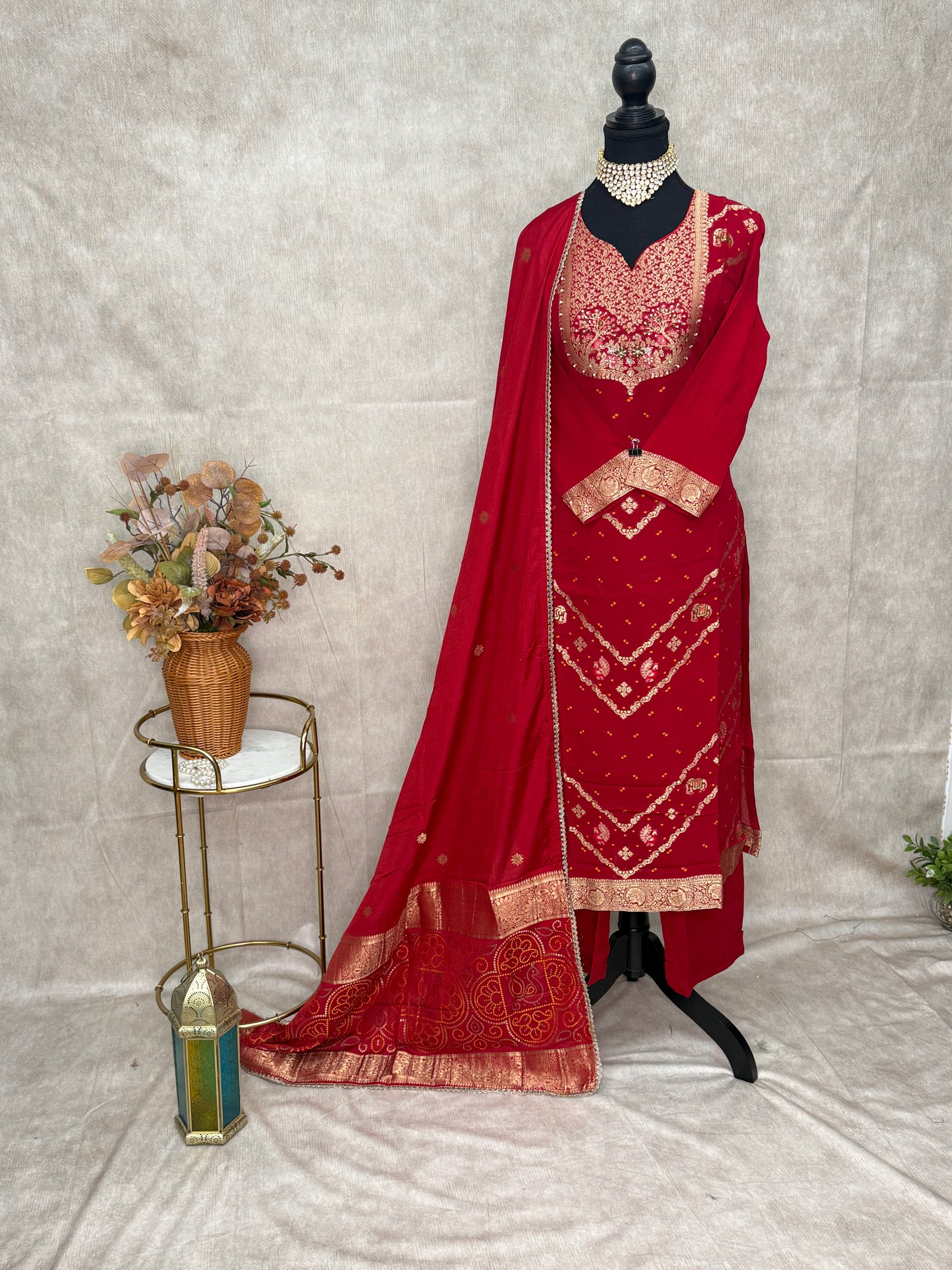 Royal Red & Gold Embroidered 3-Piece Suit Set